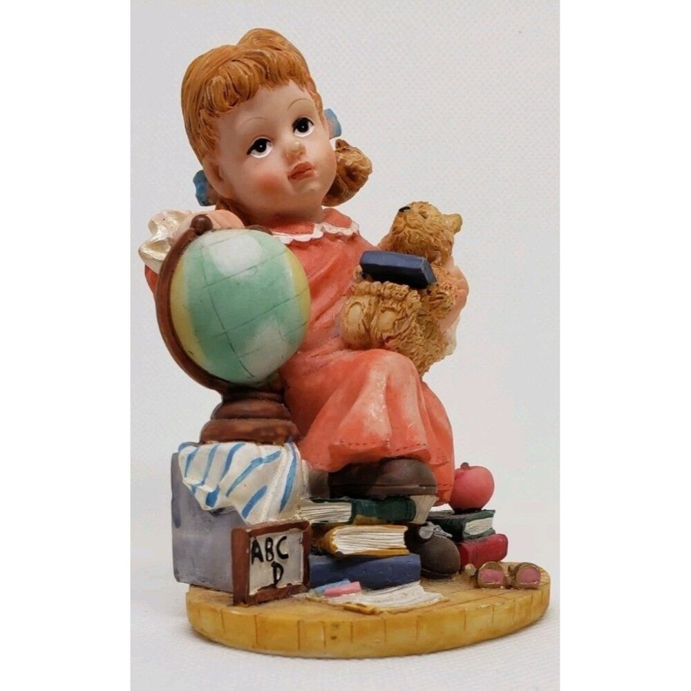Little Girl Sitting On A stack Of Books With A Globe 4 Inches Tall